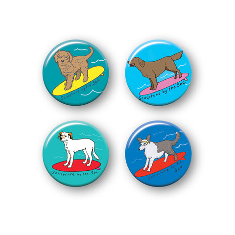 Dog on a Surfboard Badges (pack of 4)