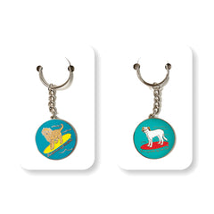 Dog on a Surfboard Enamel Keyring