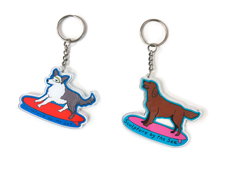 Dog on a Surfboard Acrylic Keyring